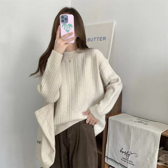 Damen Grobstrickpullover mit modernem Zopfmuster und hohem Rundhalsausschnitt EB