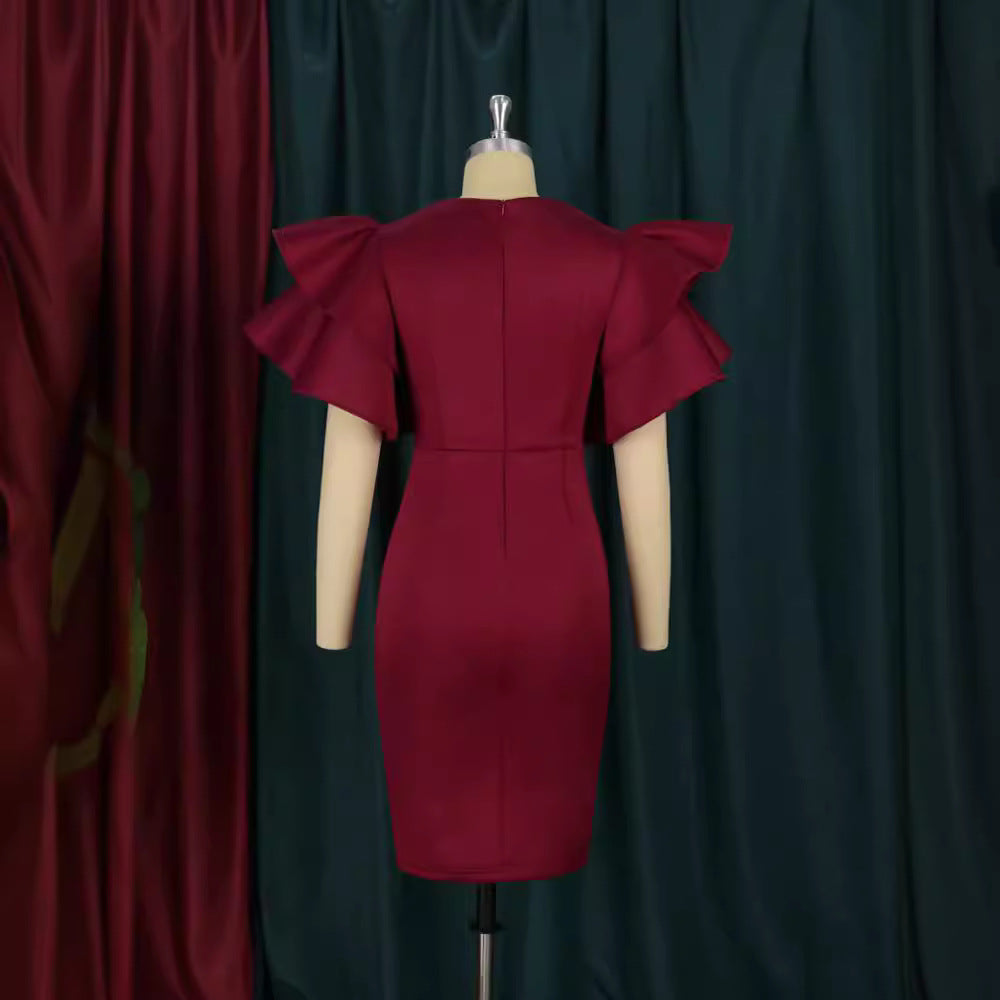 Damen figurbetontes Midi-Kleid mit voluminösen Rüschensäumen und Glitzerakzenten EB