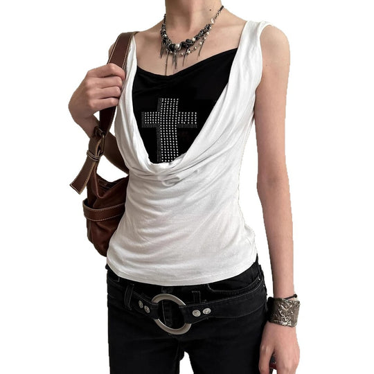Damen stilvolles Top mit funkelndem Kreuzdesign EB
