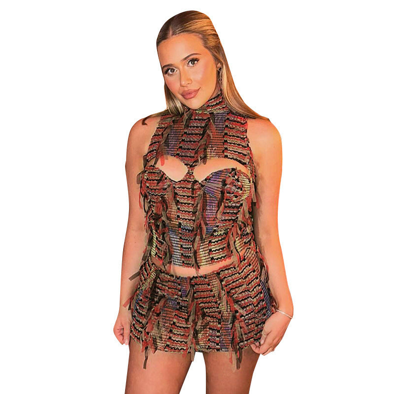 Damen Dekoratives Wickelkleid mit fransigen Details und hohem Kragen EB