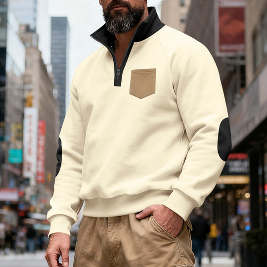 Herren nan Quarterzip-Sweatshirt mit Stehkragen, kontrastiertem Reißverschluss, Ellbogenpatches und Brusttasche EB