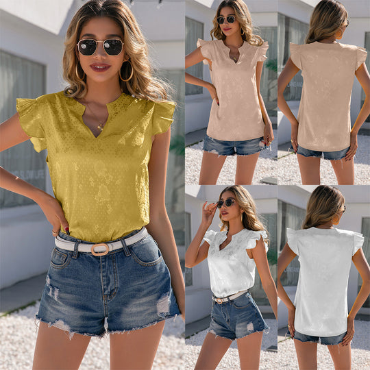 Damen elegantes Kurzarmbluse mit Rüschenkragen und V-Ausschnitt EB