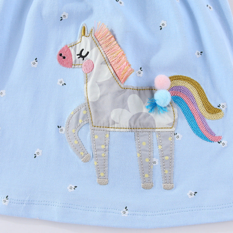 Mädchen Baumwollkleid mit süßer Einhorn-Stickerei EB