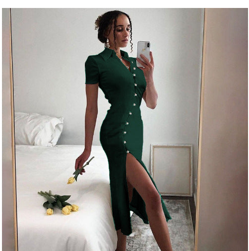 Damen Elegantes Maxikleid mit Knopfverschluss und schickem Schlitz EB