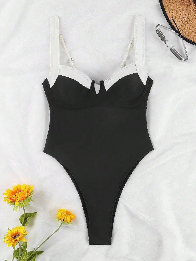 Damen Eleganter Hochschneider-Badeanzug mit modischen Trägerdetails EB