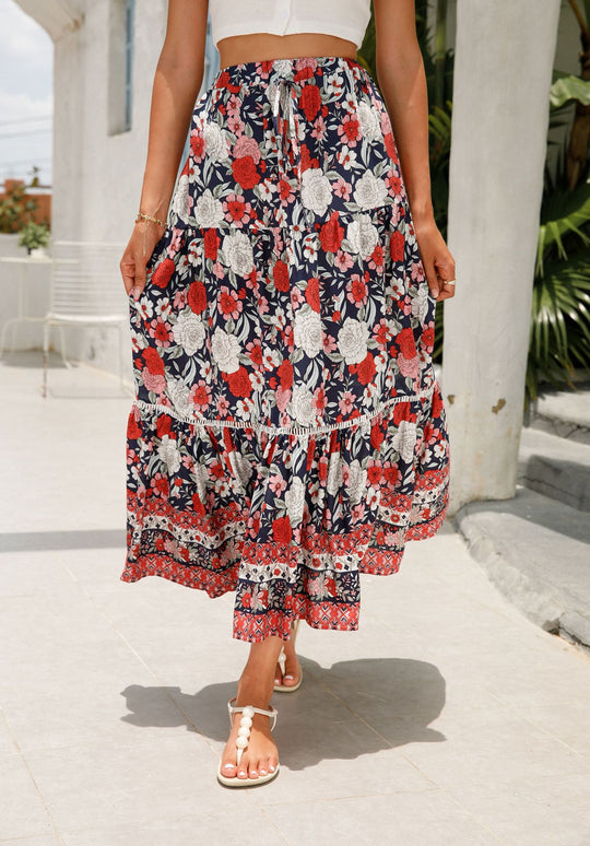 Damen Maxirock mit voluminösem Schnitt und floralem Design EB