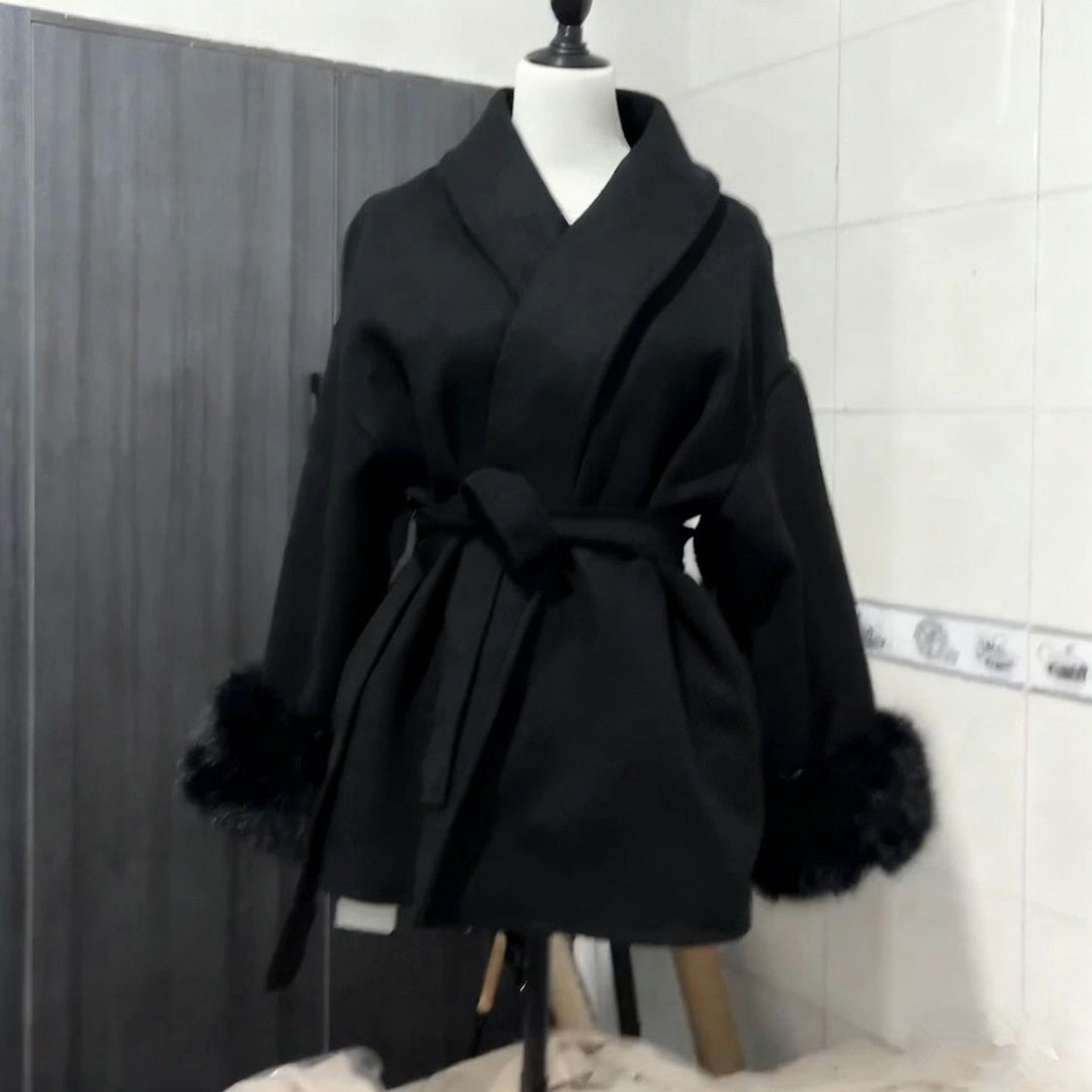 EB | Damen Woll Winterjacke mit Fellmanschetten und Taillengürtel