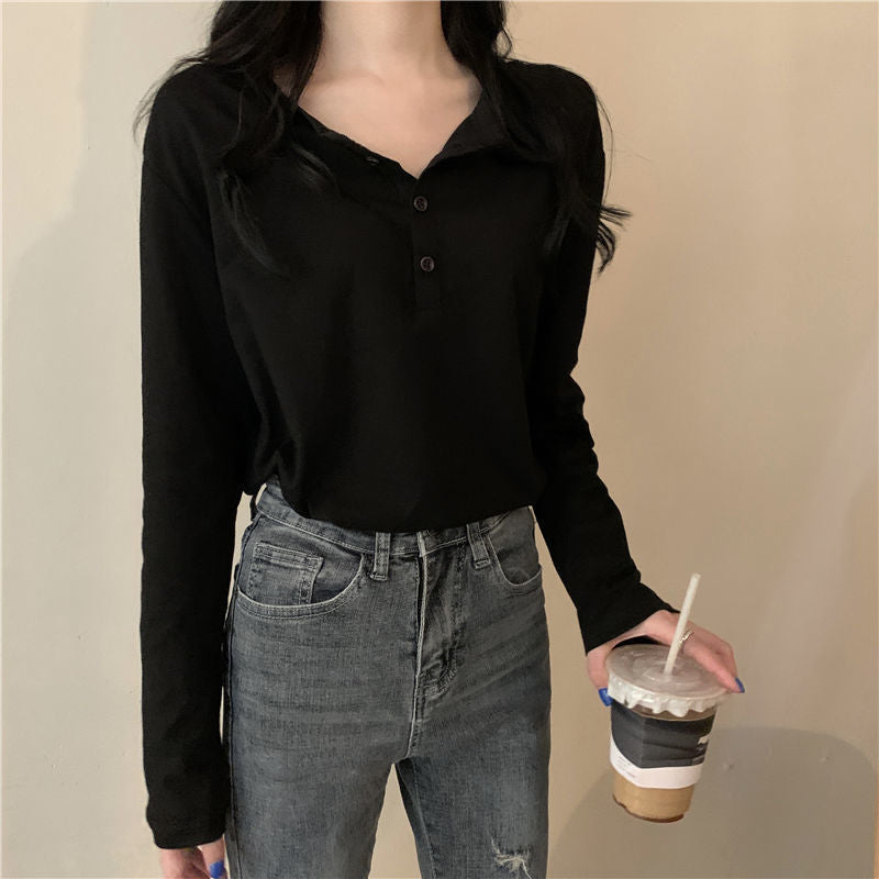 Damen Langarm-Henley-Shirt mit modernem Kragen und durchgehender Knopfleiste EB