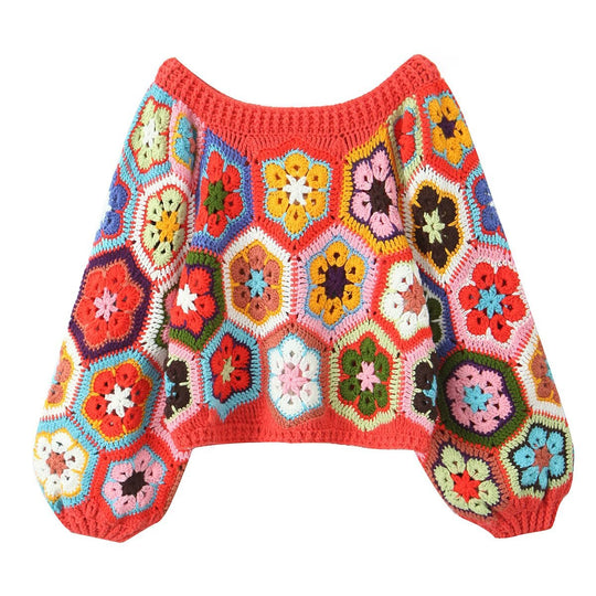 Damen lässiger, handgefertigter Pullover mit floralen Häkelmotiven EB