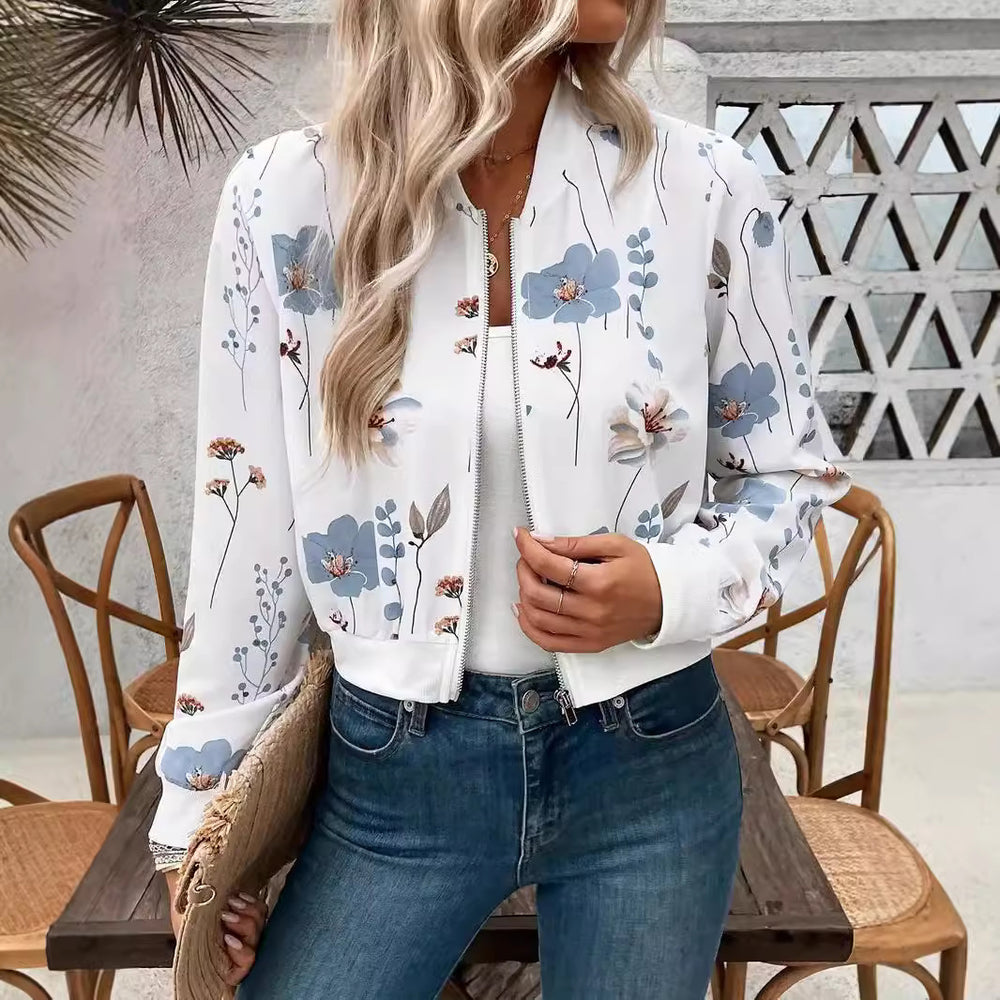 Damen Bomberjacke mit floralem Design und elastischen Bündchen EB