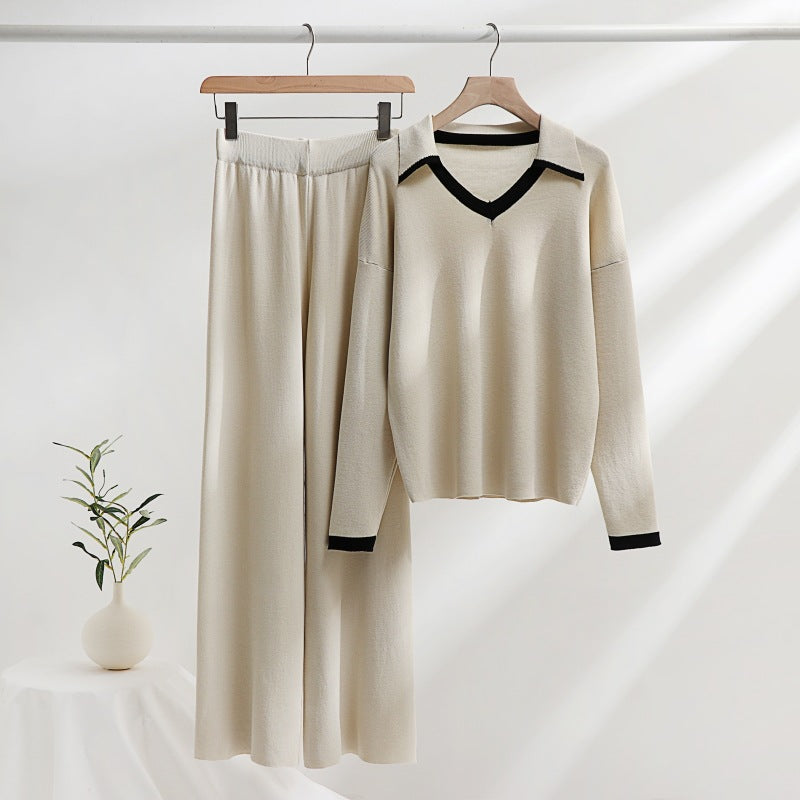 Damen gemütliches Strick-Loungewear-Set mit kontrastierendem Kragen und weitem Bein EB