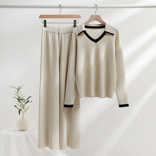 Damen gemütliches Strick-Loungewear-Set mit kontrastierendem Kragen und weitem Bein EB