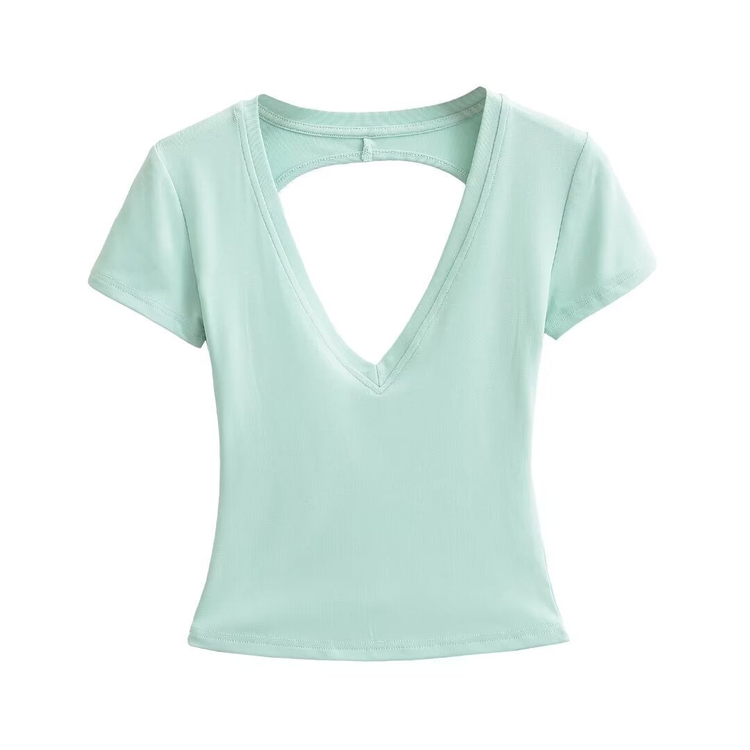 Damen modisches V-Ausschnitt T-Shirt mit offenem Rücken EB