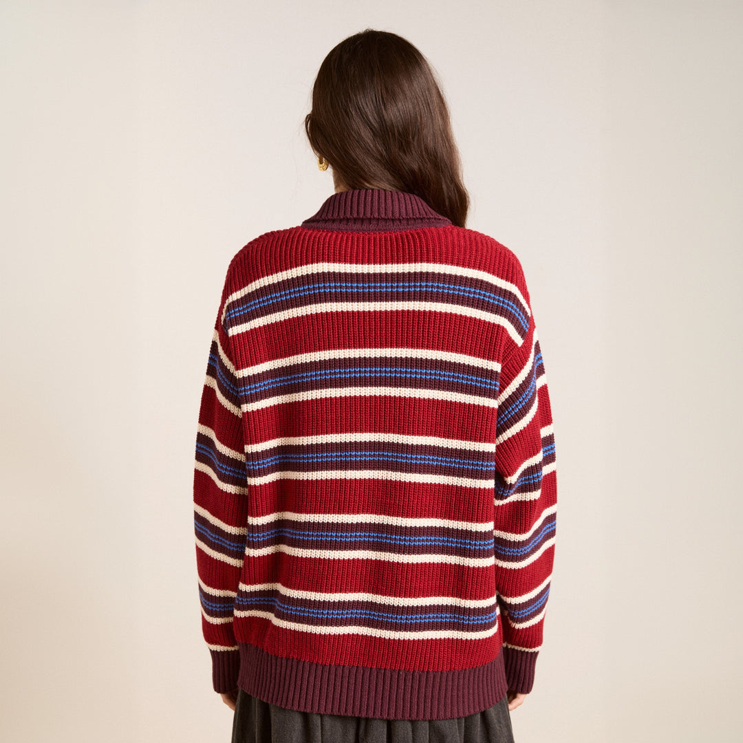 Damen Oversize Strickpullover mit Polokragen & mehrlagigem Streifenrelief EB