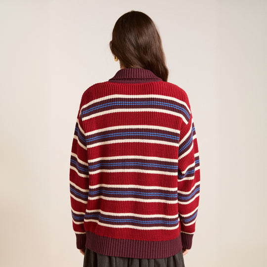 Damen Oversize Strickpullover mit Polokragen & mehrlagigem Streifenrelief EB