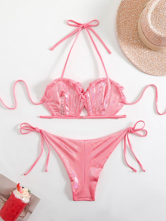 Damen Funkelndes Bikini-Set aus Mesh mit verstellbaren Bändern EB