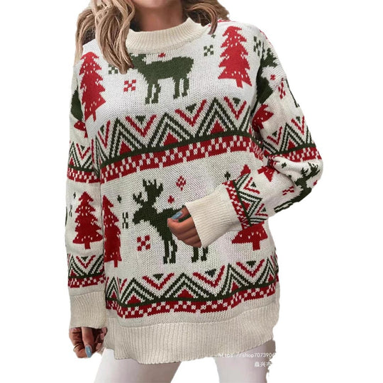 Damen Gemütlicher Weihnachts-Pullover mit festlichem Motiv und hoher Passform EB