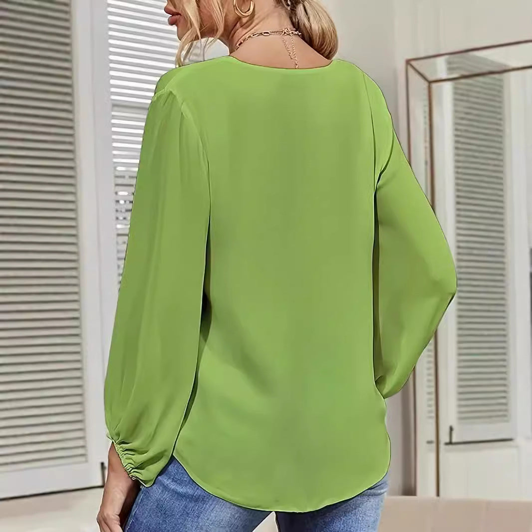 Damen elegante Bluse mit Knoten-Detail und V-Ausschnitt EB