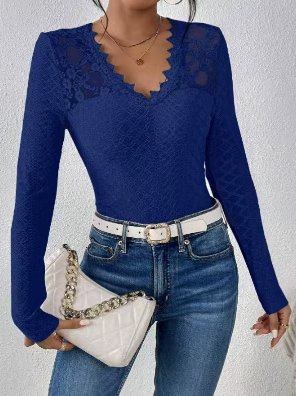 Damen Bluse mit transparenten Spitzenakzenten und elegantem V-Ausschnitt Heidi-Mode