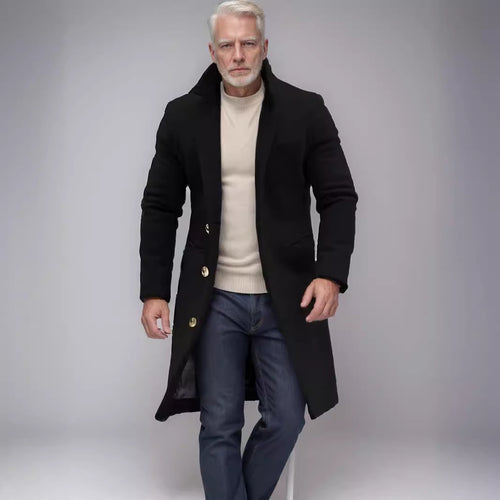 Herren eleganter langes Wollmantel mit schmalem Schnitt und goldenen Knöpfen EB