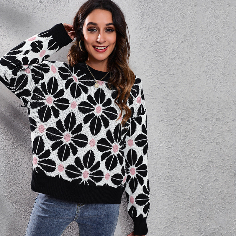 Damen Gemusterter Strickpullover mit floralem Design und hohem Kragen EB