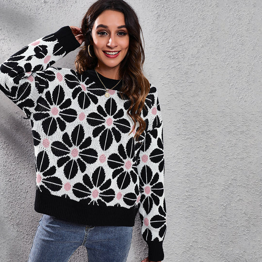 Damen Gemusterter Strickpullover mit floralem Design und hohem Kragen EB