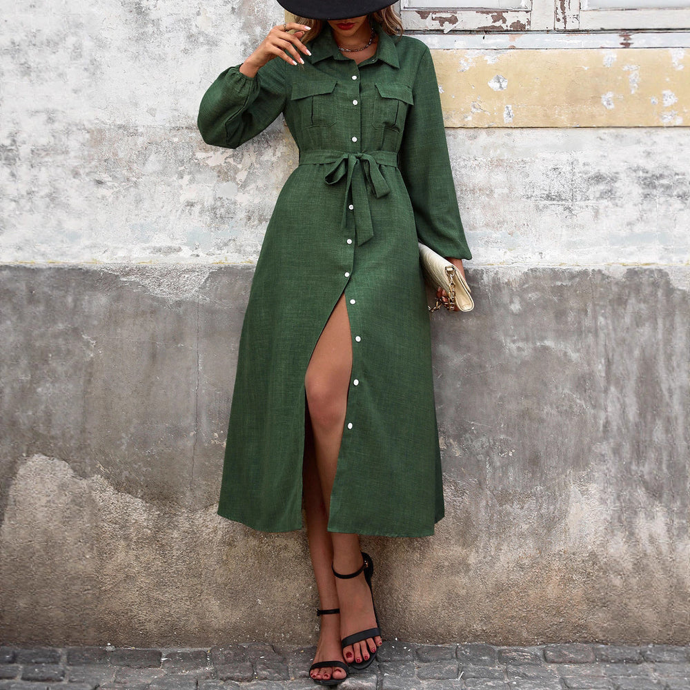 Damen Hemdblusenkleid mit Taillengürtel und Knopfleiste EB