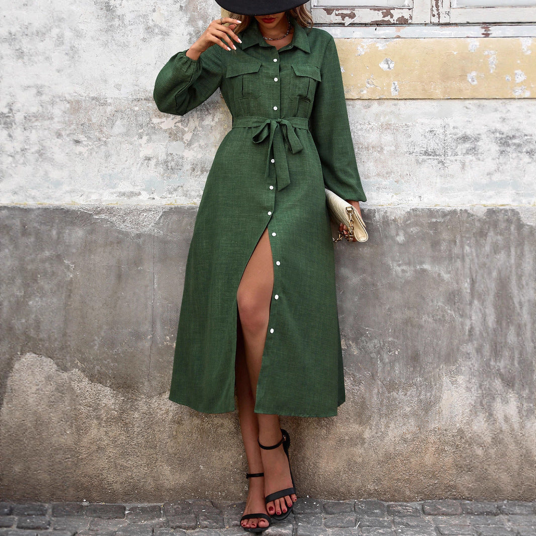 Damen Hemdblusenkleid mit Taillengürtel und Knopfleiste EB