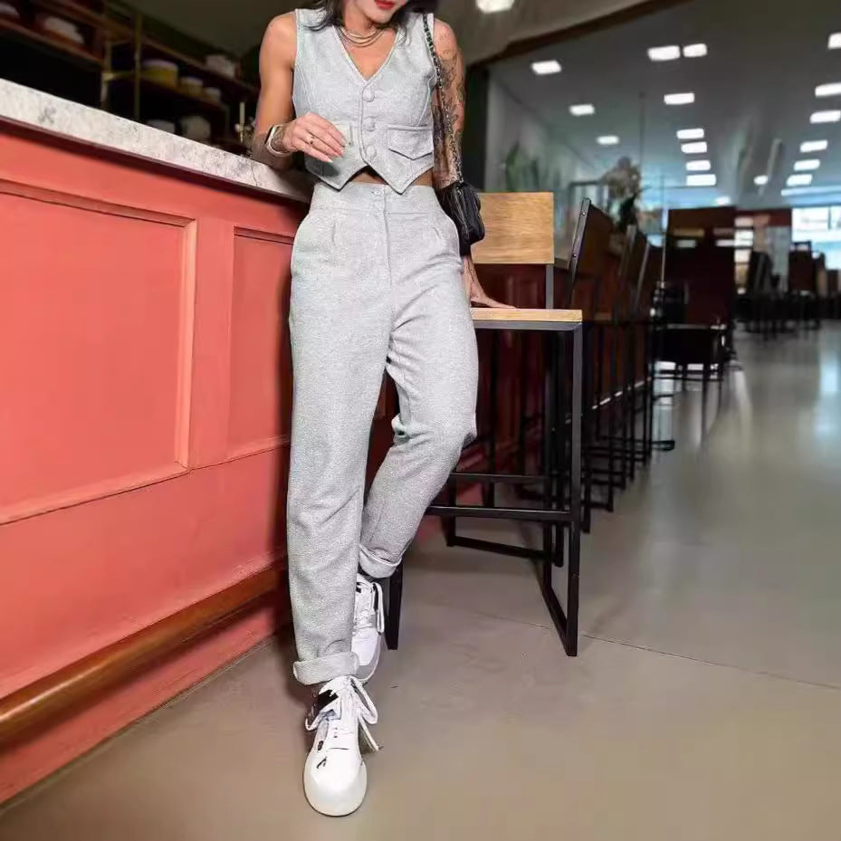 Damen Bequemes Lounge-Set mit Knopfdetails und weitem Bein EB