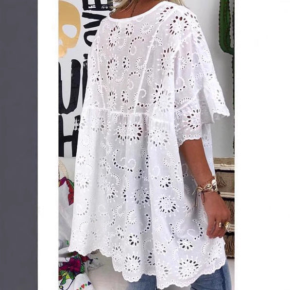 Damen Bluse mit floralen Stickereien und weiten Ärmeln EB