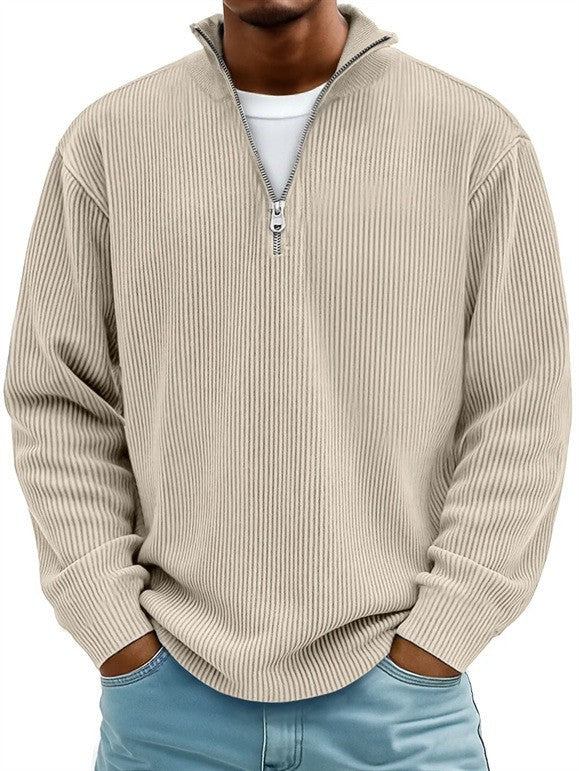 Herren nan gerippter Strickpullover mit halbem Reißverschluss und Stehkragen EB