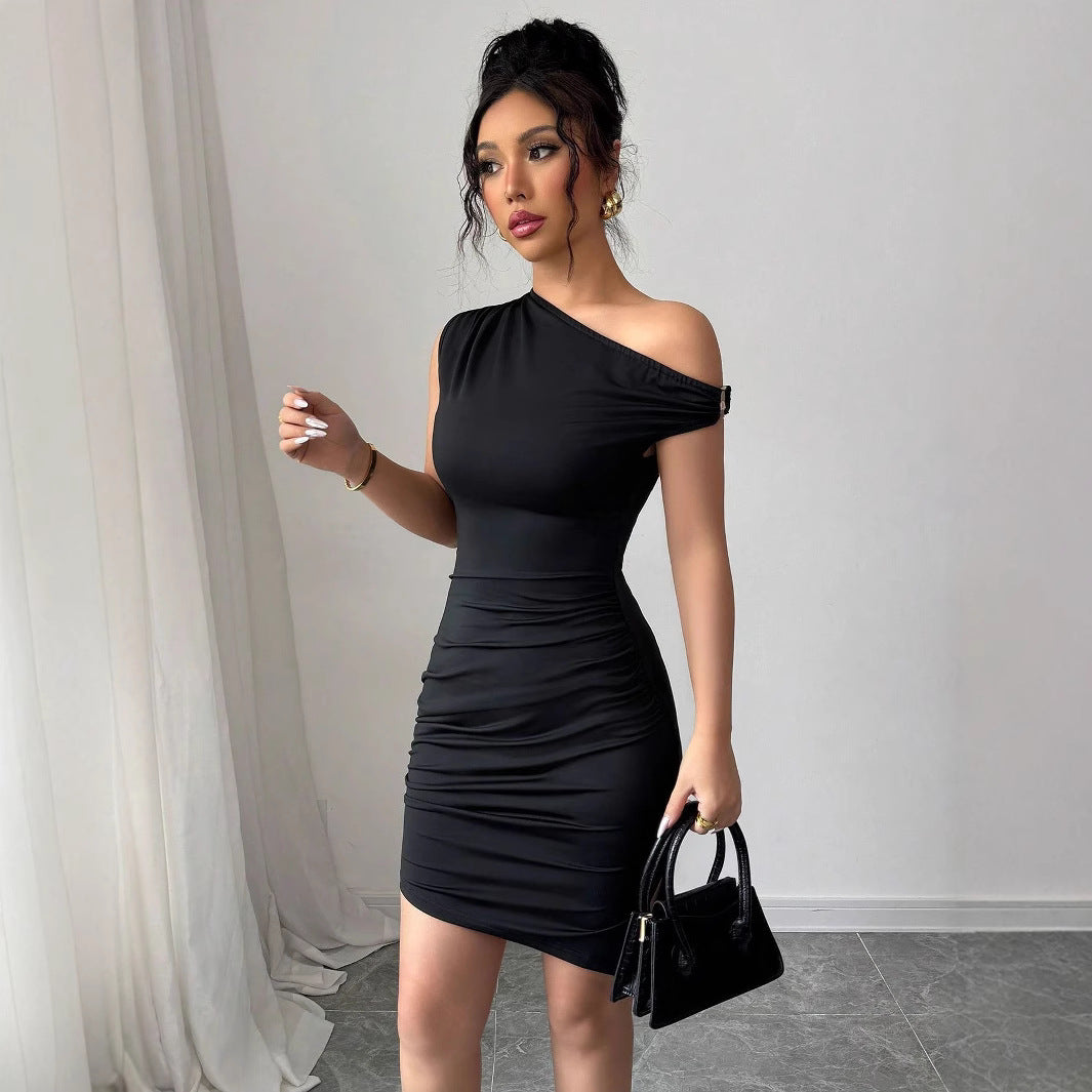 Damen nan asymmetrisches Einschulter-Minikleid mit Taillenraffung und figurbetonter Stretch-Passform EB