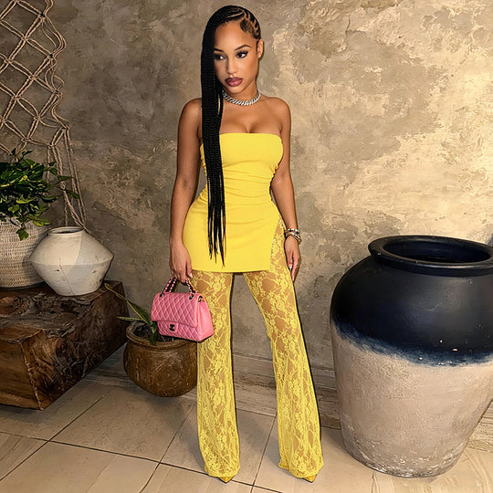 Damen Hochwertiger Jumpsuit mit Lagenlook und Spitzenakzenten EB