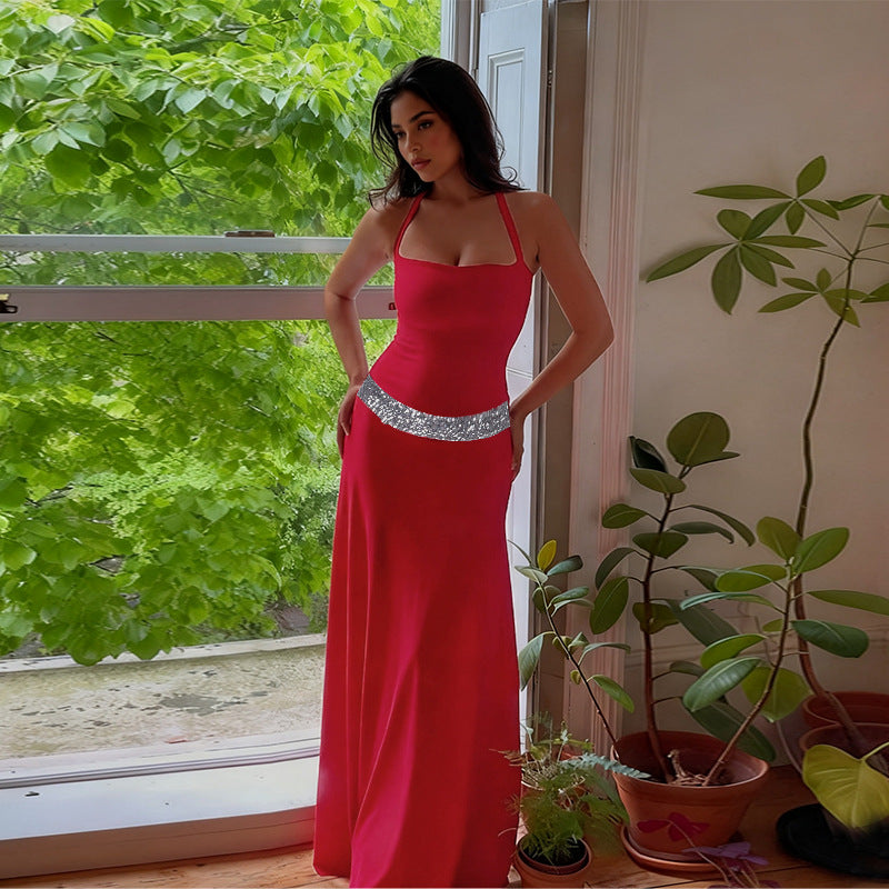 Damen elegantes Maxikleid mit schimmerndem Halterdesign und glitzerndem Taillengürtel EB