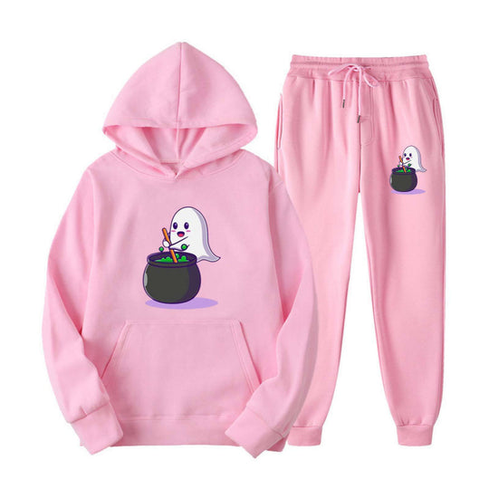 Unisex nan kuscheliger Kapuzenpullover und Jogginghose Set mit Halloween-Geistprint EB