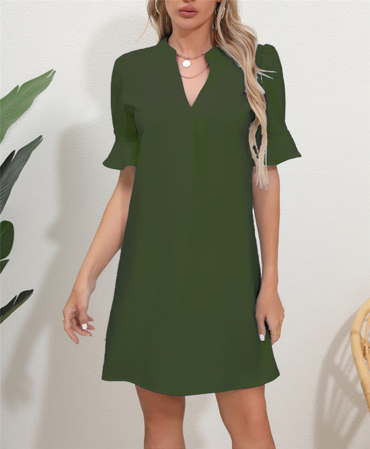 Damen Elegantes Kurzarm-Kleid mit V-Ausschnitt und Schößchen EB