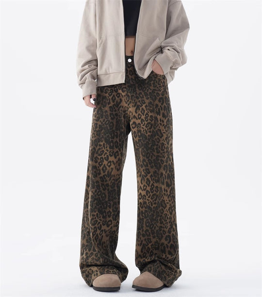 Damen Weite Leoparden-Jeans mit lässigem Schnitt und hoch tailliertem Design EB