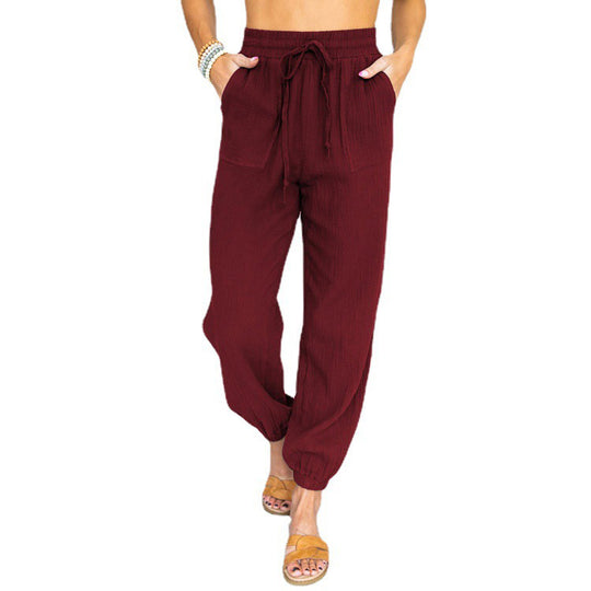 Damen nan leichte Leinenoptik Freizeit-Hose mit hohem elastischem Bund, Kordelzug, aufgesetzten Taschen und elastischen Knöchelbündchen EB