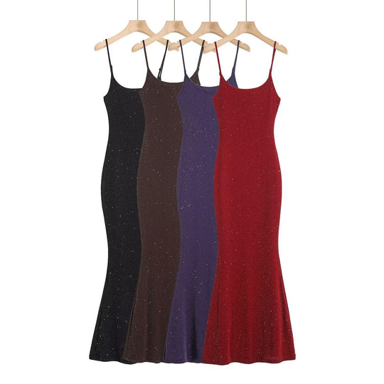 Damen Glamouröses Maxikleid mit eleganten Spaghetti-Trägern und ausgestelltem Saum EB