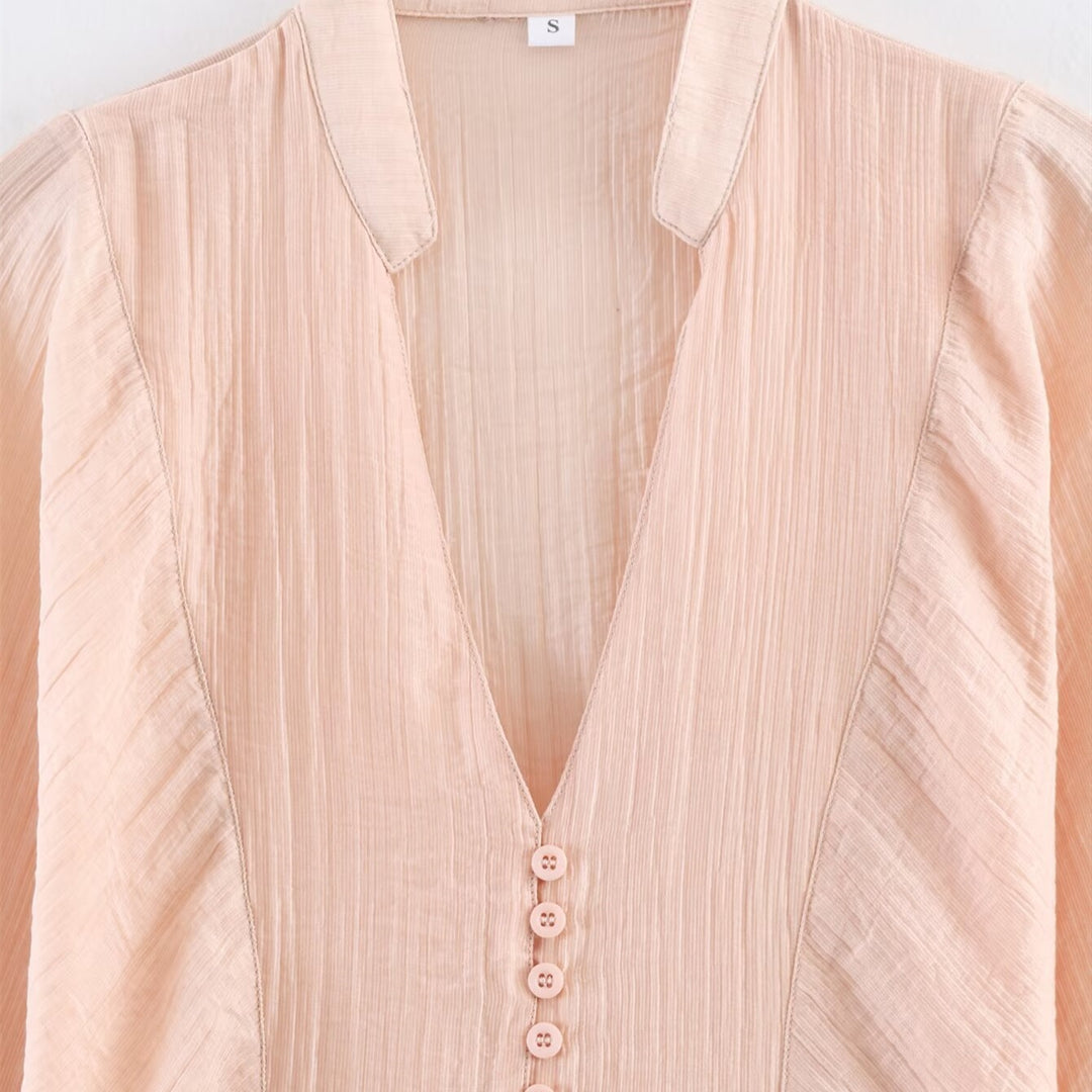 Damen elegante Bluse mit tiefem V-Ausschnitt und strukturierten Ärmeln EB