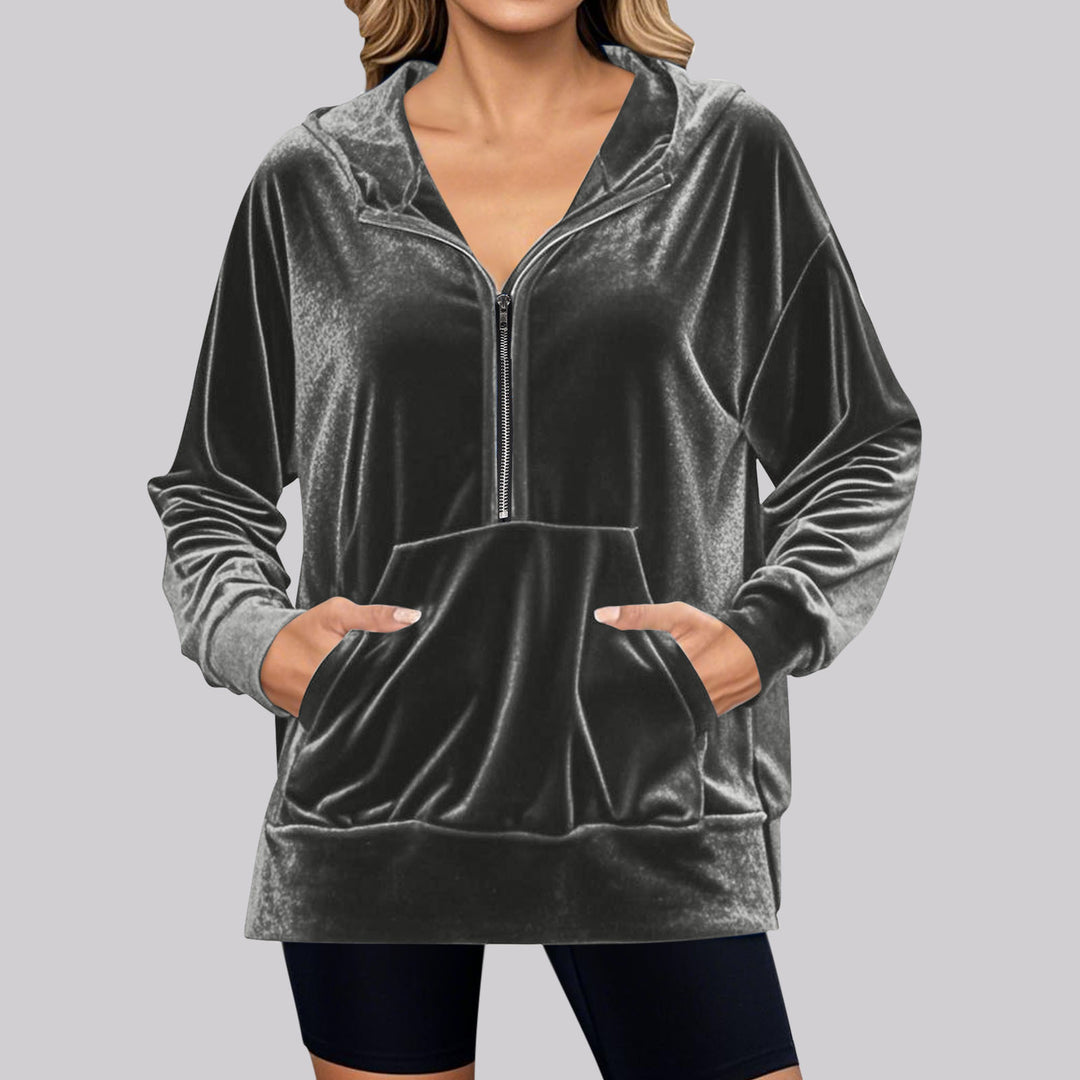 Damen Lässiger Velvet Hoodie mit praktischem Reißverschluss und Kängurutasche EB