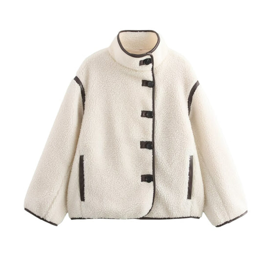Damen Kuschelige Teddyjacke mit hohem Kragen und praktischen Eingrifftaschen EB