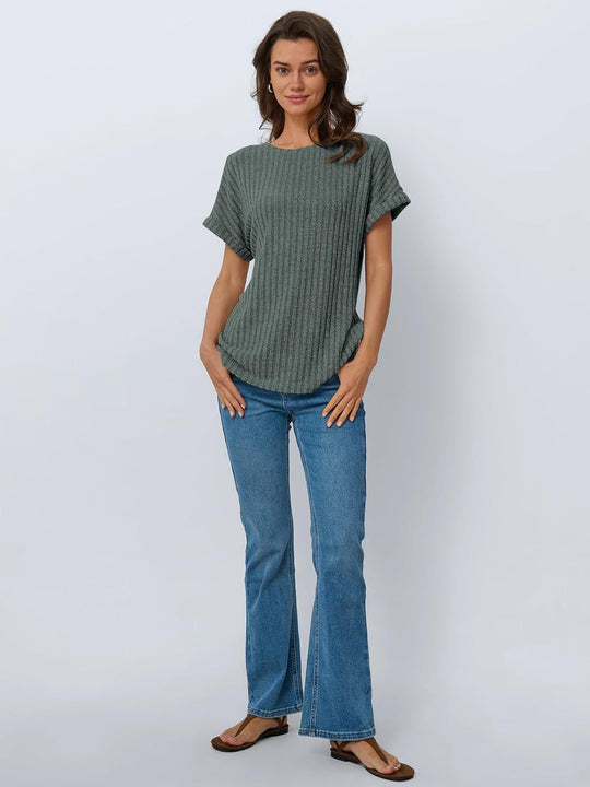 Damen lässiges T-Shirt im Ripp-Design mit umschlagenen Ärmeln EB