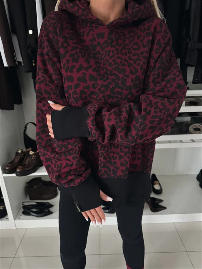 Damen legere Kapuzenpullover mit tierischem Muster und Daumenlöchern EB