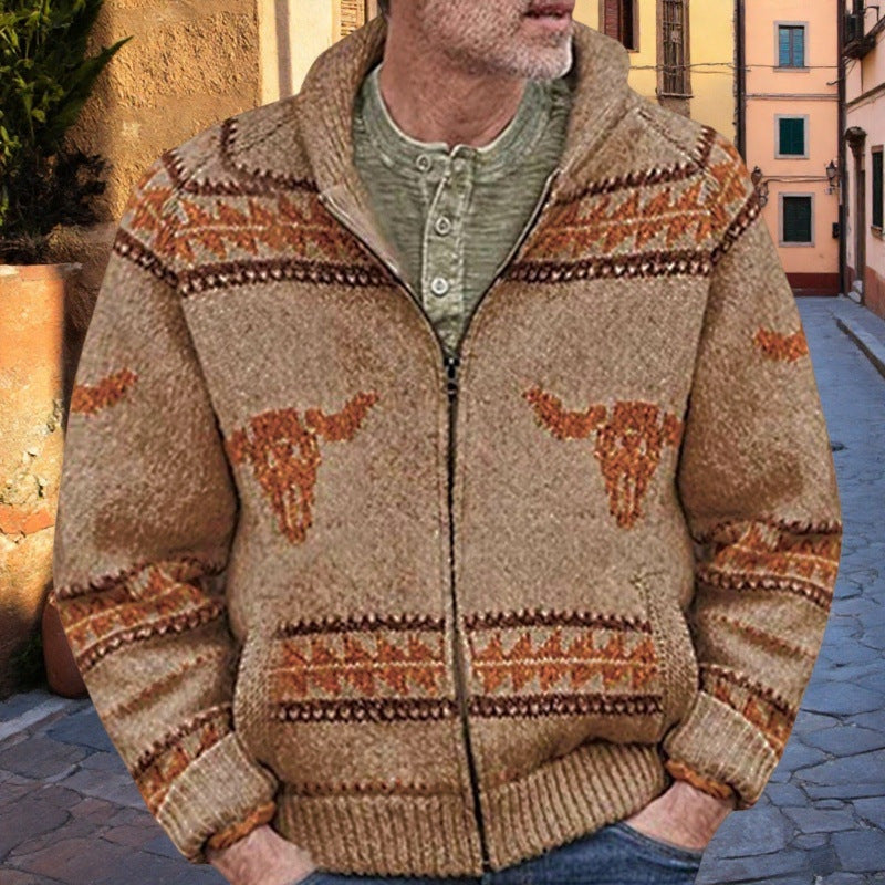 Herren Strickjacke mit einzigartigem Wildwest-Muster und warmem Futter EB
