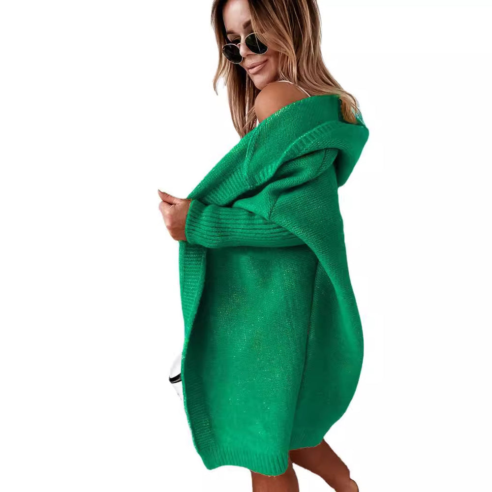 Damen gemütlicher Strickcardigan mit Kapuze und weit geschnittenen Ärmeln EB