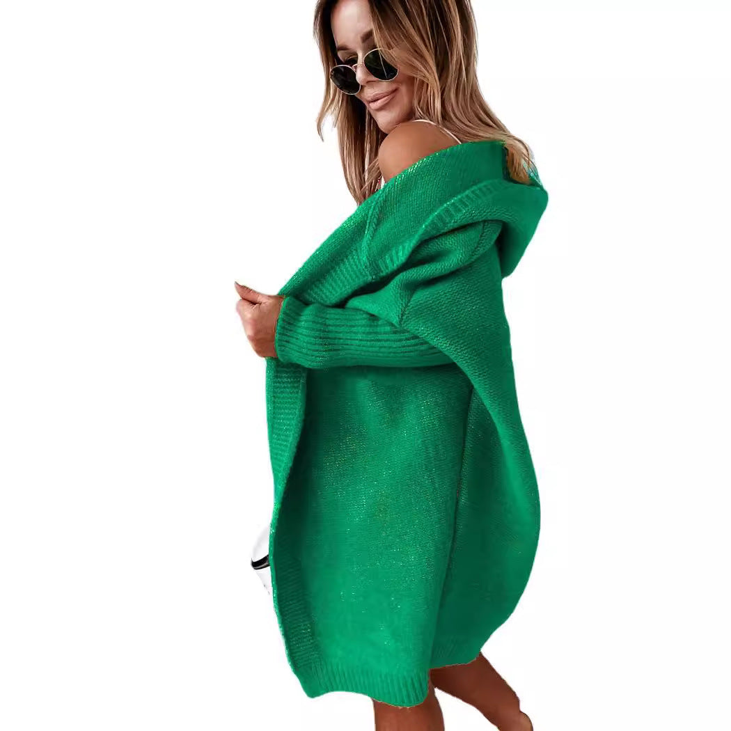 Damen gemütlicher Strickcardigan mit Kapuze und weit geschnittenen Ärmeln EB