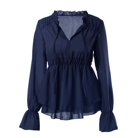 Damen Rüschenbluse mit elastischer Taillierung und langen Ärmeln EB