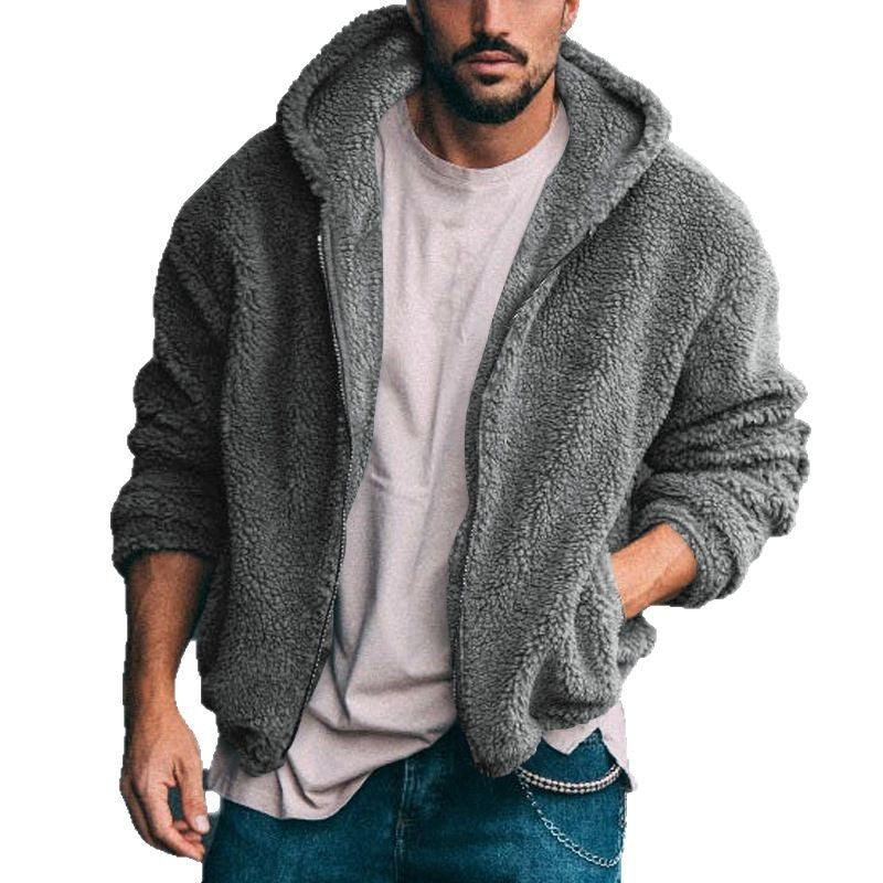 Herren nan Oversized Teddy-Fleece-Kapuzenjacke mit Utility-Ärmeltasche, Frontreißverschluss und elastischem Saum EB