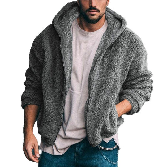 Herren nan Oversized Teddy-Fleece-Kapuzenjacke mit Utility-Ärmeltasche, Frontreißverschluss und elastischem Saum EB